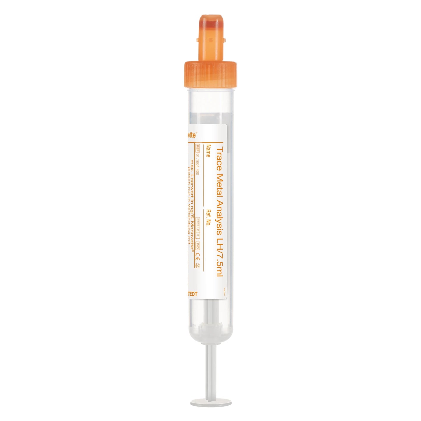 S-Monovette® Metallanalytik LH, 7,5 ml, Verschluss orange, (LxØ): 92 x 15 mm, mit Papieretikett
